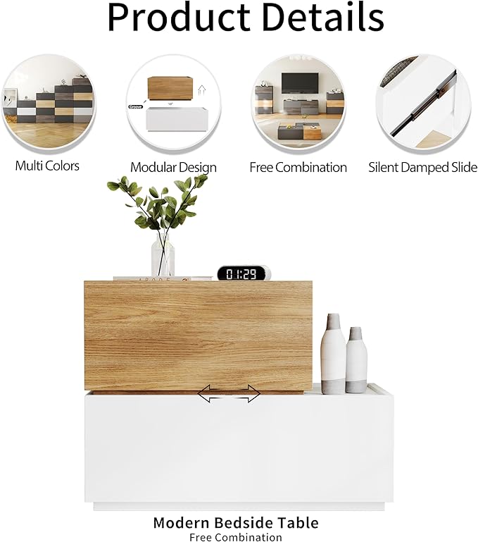 Modern Nightstand Modular Stackable Drawers Modular Storage Bedroom Furniture Set - Bedside Table, Storage Cabinet, Sofa End Table for Bedroom Living Room Hallway Entryway Oak and White