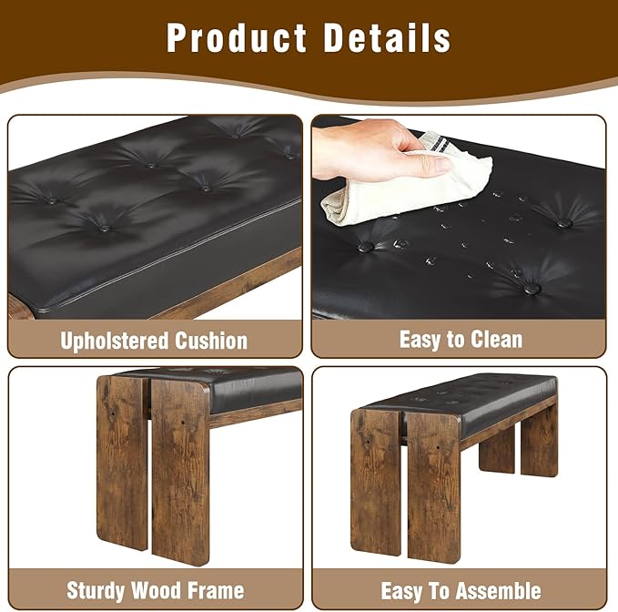 Upholstered Dining Room Bench, Ottoman Bench with PU Leather Padded Seat, Bedroom Bench, Hallway Bench, Entryway Bench for Kitchen, Living Room, Hallway, Entryway, Brown and Black