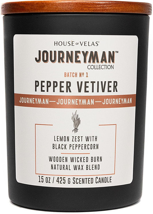 Journeyman Collection Candle, 15oz, Wooden Wick, Pepper Vetiver, Large Painted Jar