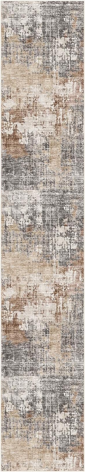 Washable Runner Rug for Hallway: 2.6x14 Neutral Modern Abstract Low Pile Area Rug with Non-Slip Backing - Carpet for Bedroom Kitchen Laundry Entryway Bathroom Indoor - Grey Brown
