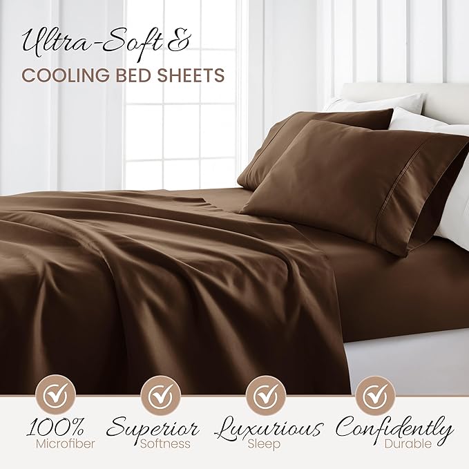 Linen Market Brushed Microfiber King Sheet Set 4 Piece – Oeko-TEX Certified Ultra Soft & Wrinkle-Free - 16" Deep Pocket Sheets - Easy Care King Size - Chocolate