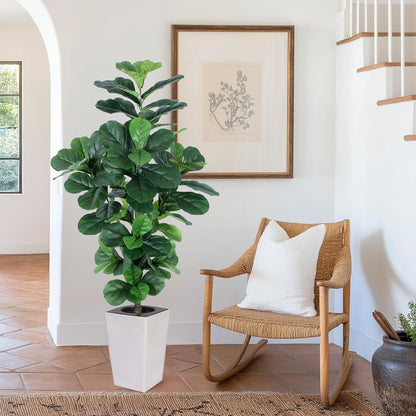 Fiddle Leaf Fig Tree, 5ft Tall Fake Silk Tree in White Planter, Faux Floor Plants with 108 Fiddle Leaves, Artificial Plants for Home Office Decor Indoor