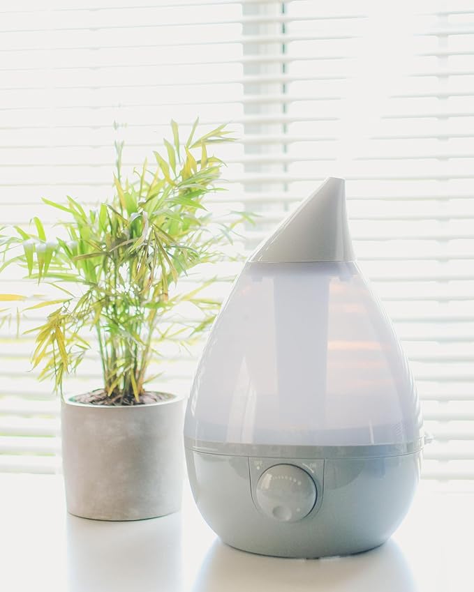 Crane Ultrasonic Teardrop Cool Mist Humidifier, Large 1 Gal Tank, Automatic Shut-Off, Baby Humidifiers for Nursery and Bedroom, Grey