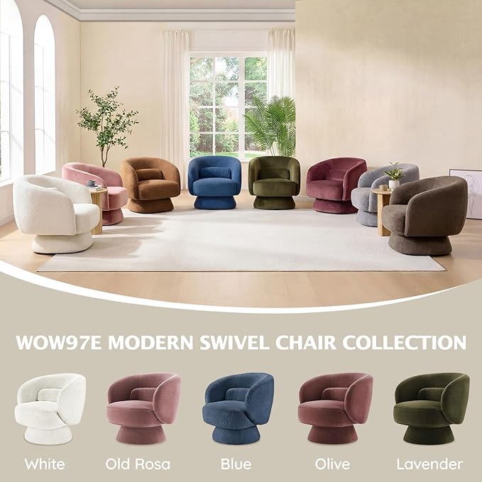 Swivel Accent Chair, Modern 360 Degree Swivel Barrel Chair with Arms & Curved Back and Lumbar Support Cushion, Comfy Round Single Boucle Sofa for Small Space, Living Room, Bedroom, White