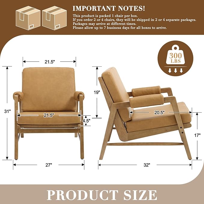 HEAH-YO Modern Accent Chair, Upholstered PU Leather Living Room Chair with Wooden Frame, Comfy Armchair with Thick Cushion for Bedroom Balcony, Brown