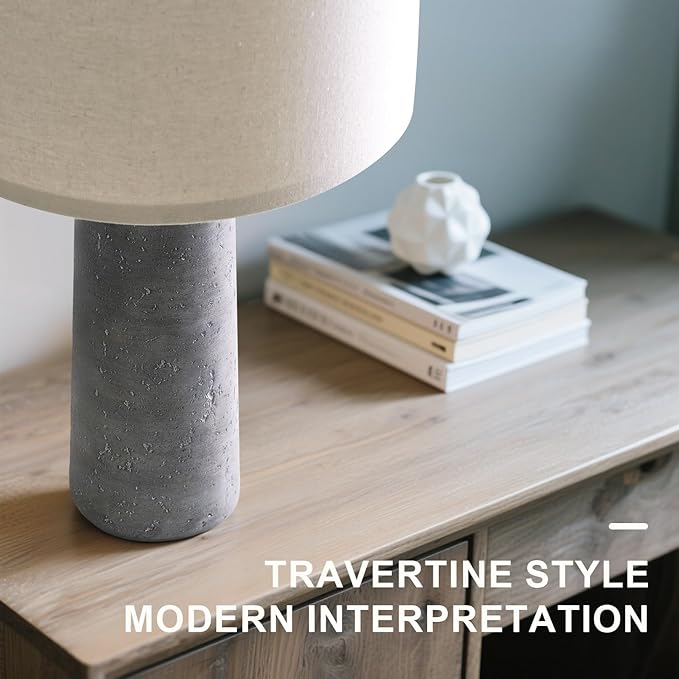 BOBOMOMO 27.25" Modern Table Lamp Set of 2, Gray Resin Lamp with Natural Stone Look, Lamps for Living Room with Linen Shades, Nightstand Lamp for Bedroom, Living Room, Entryway