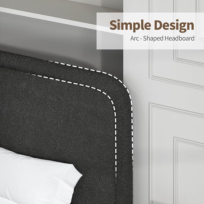 BarnFurin Boucle Upholstered California King Bed Frame/Soft Rounded Corners Headboard/Low Profile Bed Frame/No Box Spring Needed/Black