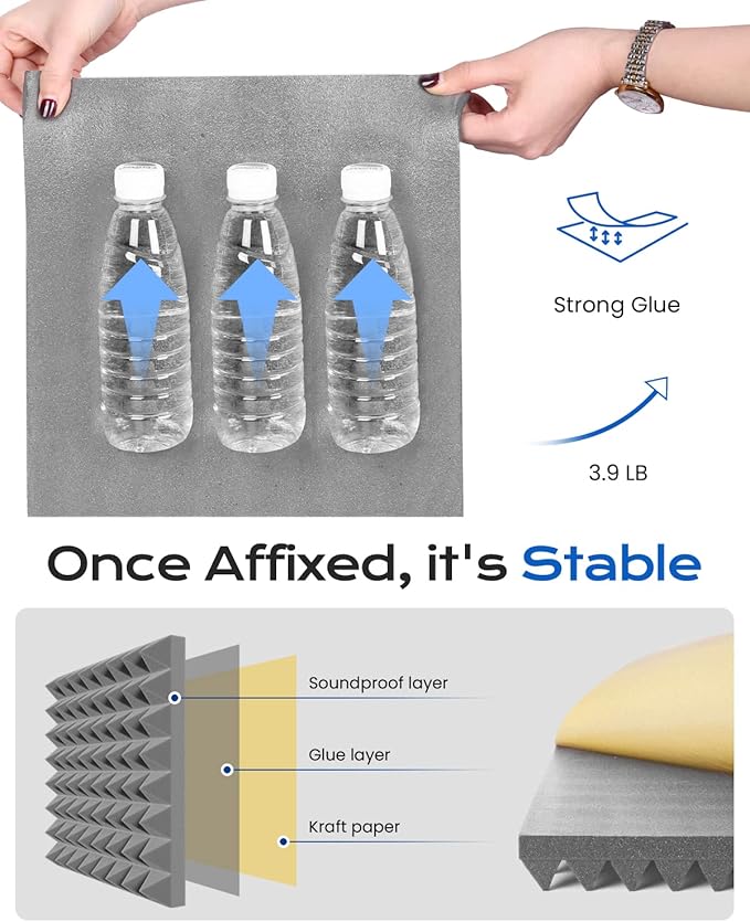 Sonicism Acoustic Panels Self-Adhesive Pyramid 12 Pack,12" X 12" X 2" Sound Proof Foam Panels for Walls 35kg/m³High Density,Soundproof Wall Panels Fast Expand,Sound Absorption and Decoration,Gray