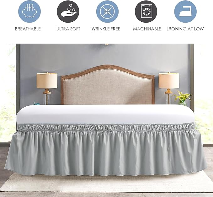 FreshCulture King Bed Skirt, Dust Ruffle for King Size Bed, Easy Fit with 18-Inch Tailored Drop, Elastic Wrap Around Bed Skirt King Size, Hotel Quality Bed Skirts for Adjustable Bed (Light Grey)