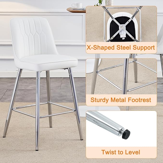 Bar Stools Set of 2, Counter Height Bar Stools with Back and Footrest,27" Barstools with Faux Leather Seat and Black Metal Legs,Counter Stools for Kitchen Island,Pub,White Barstools