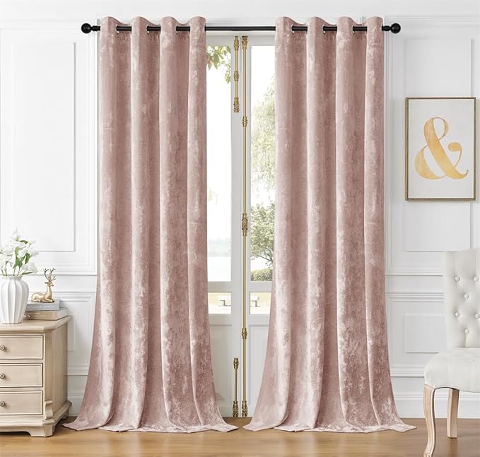 SMILETIME Pink Crushed Velvet Curtains 52x84 inch Luxurious Thermal Insulated Soundproof Drapes for Living Room Bedroom Office Soft and Durable Light-Filtering Window Treatments, 2 Panels