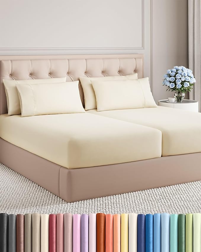 Split King 7 Piece Sheet Set - Cooling & Breathable - Hotel Luxury Bedding, Includes Fitted Sheets for Women, Men, Kids & Teens - 1 Flat, 2 Fitted Sheets, 4 Pillowcases with Deep Pockets - Off White