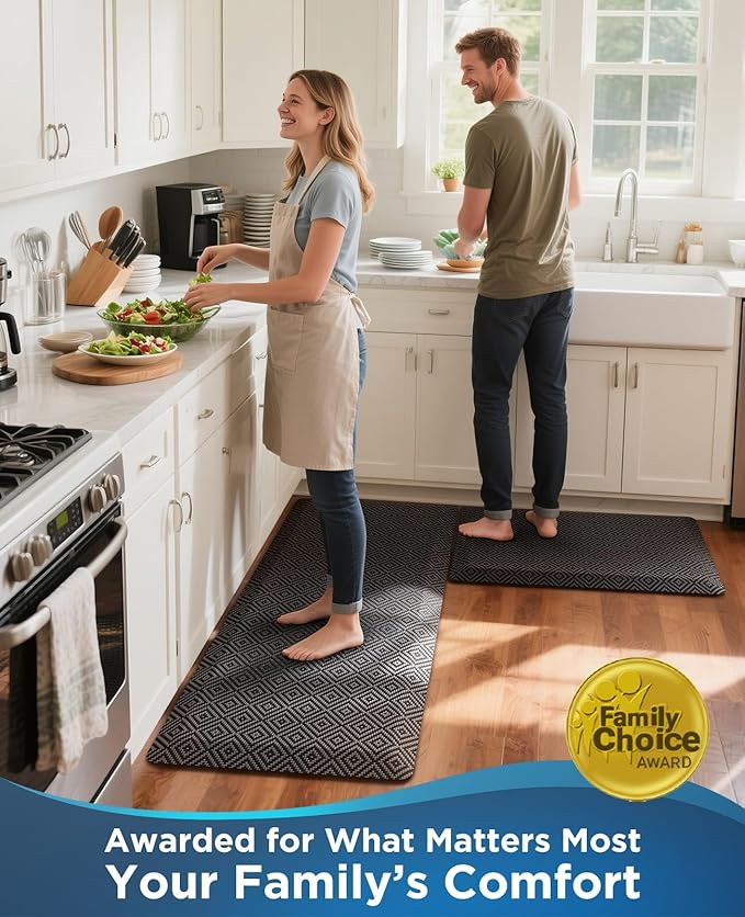 Ophanie Kitchen Mats for Floor, 3/4 inch Thick, 17x28 Anti Fatigue Cushioned Mat, Kitchen Rugs, Waterproof, Comfort Ergonomic Standing Mat for Office, Home, Sink, Black Non-Slip Ridged Bottom