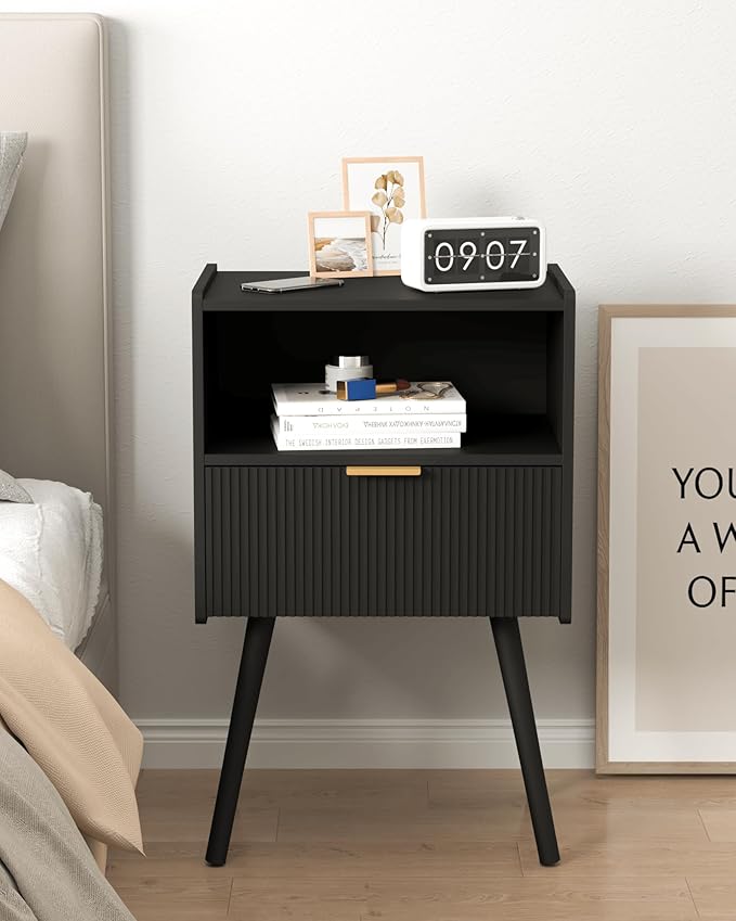 Black Nightstand,Modern Bedside Table with Storage Drawer and Open Wood Shelf, for Living Room, Bedroom and Small Spaces, Accent Night Stand with Solid Wood Legs, Easy Assembly,Classic Black