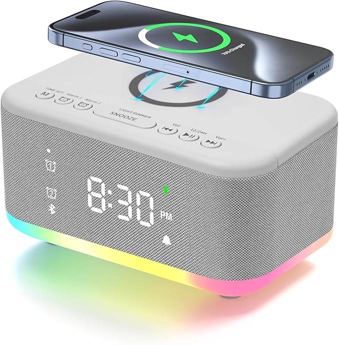 Wireless Charging Alarm Clock Bedroom, Loud Digital Alarm Clocks Bedrooms, Alarm Clock Night Light Speaker 8W Snooze Dual Alarm 12/24H Adjustable Brightness Dimmer Bluetooth, Grey