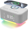 Wireless Charging Alarm Clock Bedroom, Loud Digital Alarm Clocks Bedrooms, Alarm Clock Night Light Speaker 8W Snooze Dual Alarm 12/24H Adjustable Brightness Dimmer Bluetooth, Grey