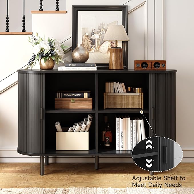ONBRILL 48" Sideboard Buffet Cabinet with Storage, Storage Cabinet with Sliding Door & Adjustable Shelf, Modern Accent Coffee Bar Console Table for Kitchen, Entryway, Black