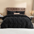 Litanika Black Oversized Queen Pinch Pleat Duvet Cover, 3 Pieces Pintuck Cover Soft Microfiber Bedding Set with Zipper Closure & Corner Ties(1 Duvet Cover, 2 Pillowcases)