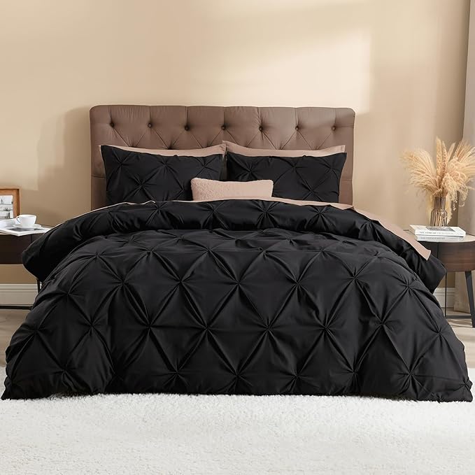 Litanika Black Queen Pinch Pleat Duvet Cover, 3 Pieces Pintuck Cover Soft Microfiber Bedding Set with Zipper Closure & Corner Ties(90x90Inch-1 Duvet Cover, 2 Pillowcases)