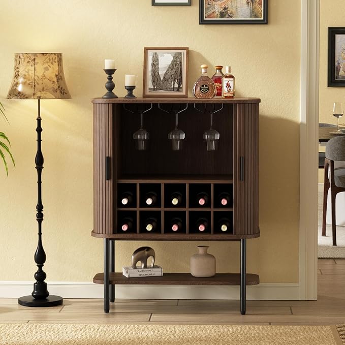 Coffee Bar Cabinet with Storage, Fluted Wine Cabinet with Sliding Doors, Glass Holder and Wine Rack, Buffet Sideboard Liquor Cabinet for Kitchen, Dining Room, Living Room, Walnut