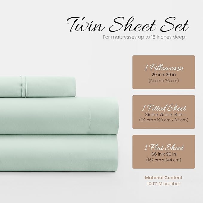 Linen Market Brushed Microfiber Twin XL Sheet Set 3 Piece – Oeko-TEX Certified Ultra Soft & Wrinkle-Free - 16" Deep Pocket Sheets - Easy Care Twin XL Size - Mint