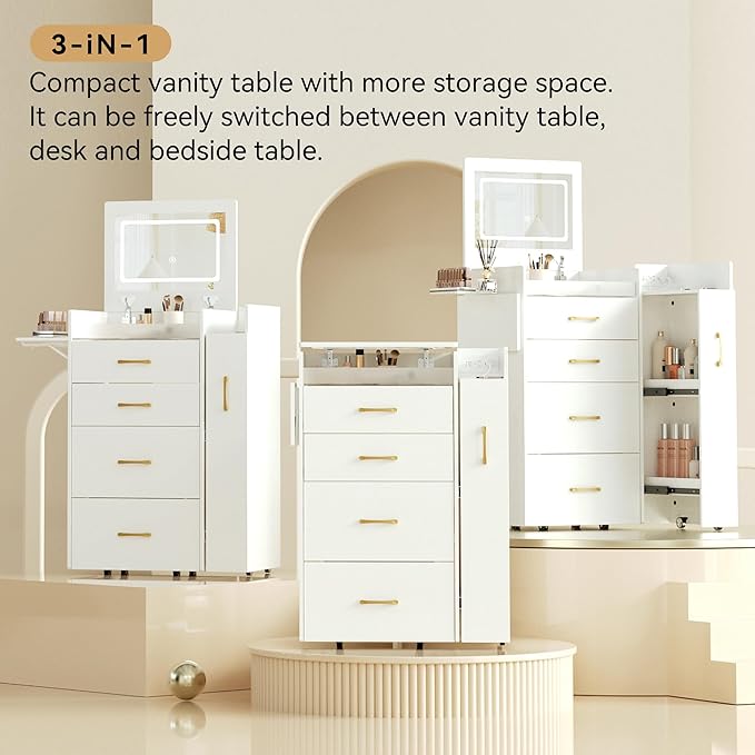 3 in 1 Vanity Desk with Flip Top Mirror, LED Lights, Side Cabinet,Collapsible Desk Panel, Hidden Stool with Storage, Small Makeup Vanity Table with Power Outlets, Compact Vanity, White PT01DTW