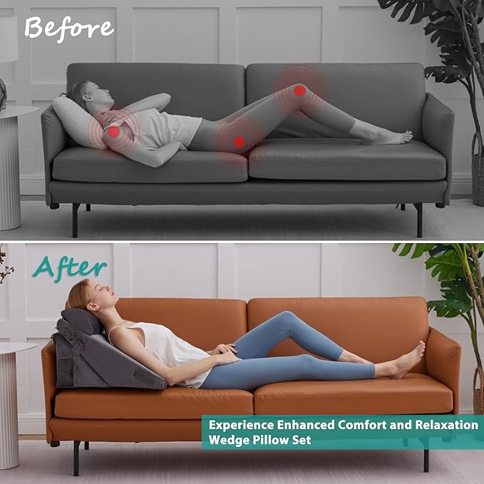 Bedluxe 3Pcs Orthopedic Bed Wedge Pillow Set, Foam Wedge Pillow Post Surgery for Back, Leg and Knee Support, Adjustable 9&12 Inch Folding Triangle Pillow for Sleeping, Acid Reflux, Snoring, Velvet