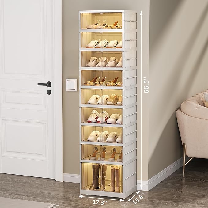 Shoe Rack Organizer for Closet Entryway 9 Tiers-18 Pairs Foldable Sneaker Storage Shoe, Collapsible Shoe Cabinet with Doors, Stackable Shoe Storage Cabinet with Lids for Living Room