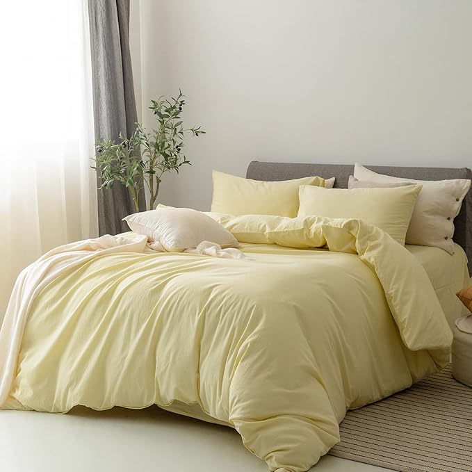 FOSSA Duvet Cover Set 100% Washed Cotton Linen Feel Super Soft Breathable Cozy 3 Pieces Bedding Sets Solid Pastel Yellow Oversized Queen