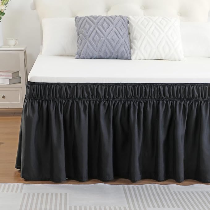 RIMELA Black Bed Skirt King Size 14 Inch Drop, Elastic Bed Skirting for Bed Base and Frame, Bedding Dust Ruffle Easy to Install, Lightweight Comforter Set with Wrap Around Adjustable Bedskirt