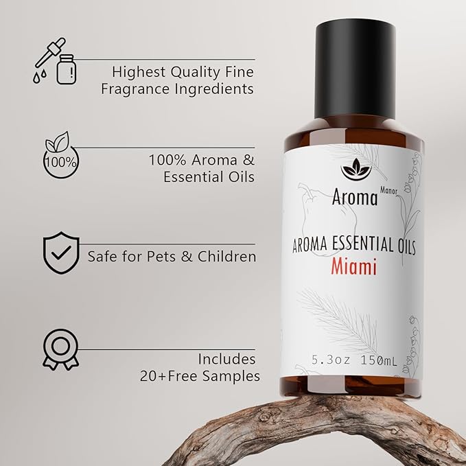 Diffuser Oils Scents - Miami Essential Oil Blend - Luxury Hotel Inspired Home Aromatherapy Diffuser Oil - Pear, Lily of The Valley - for Diffuser, Humidifier, Ultrasonic, Reed - 150ML