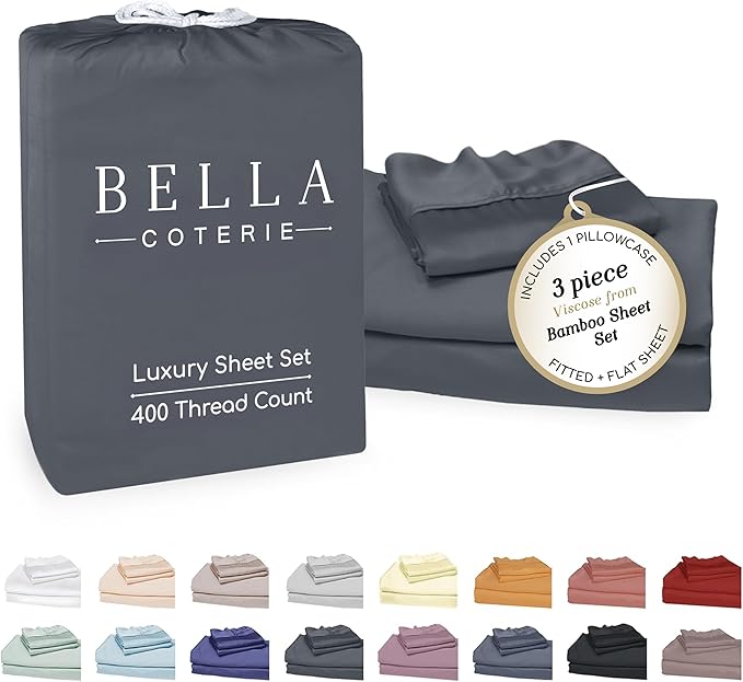 Bella Coterie Luxury Bamboo Viscose Twin XL Size Sheet Set | 100% Organically Grown | Ultra Soft | Cooling for Hot Sleepers | 18" Deep Pocket [Charcoal Grey]