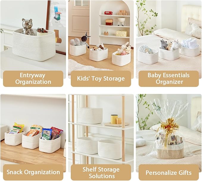 Small Cotton Rope Basket – Storage Bin for Organizing (10.6" x 6.7" x 6.7"), Bathroom Storage Basket for Shelf, Counter & Closet（White）