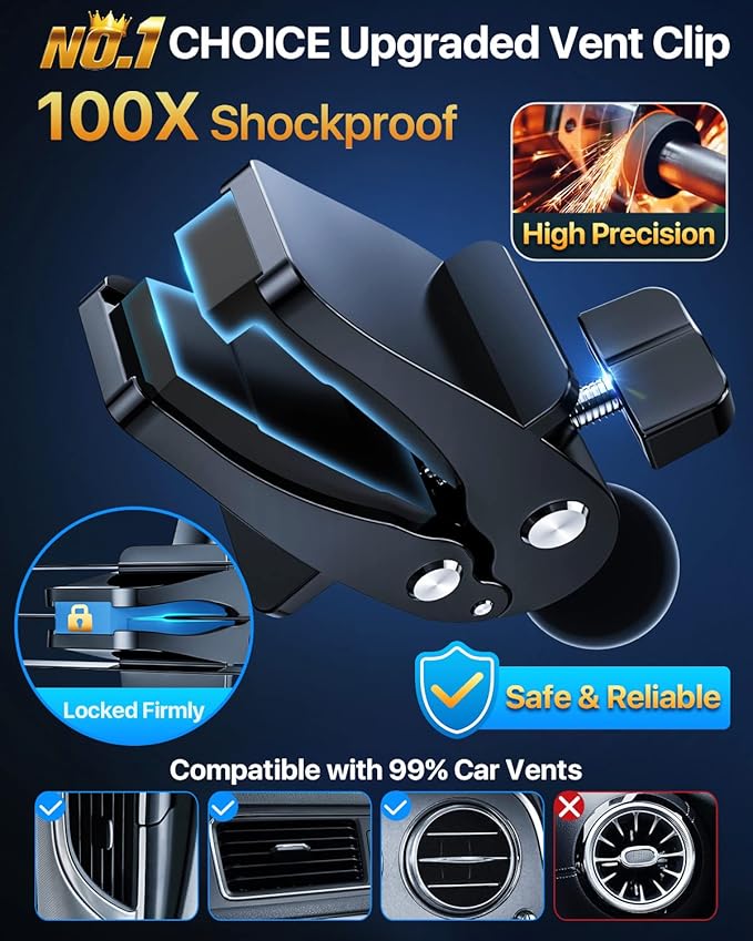 YRU [2025 Upgrade Extreme Strong Suction] Car Phone Holder Mount,[Bumpy Road Stable] Dashboard Cell Phone Holder for Car Vent Windshield Phone Stand for iPhone 16 15 14 13 Pro Max Samsung Truck, Grey