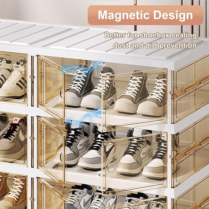 Shoe Rack Organizer for Closet Entryway Foldable Sneaker Storage Shoe, Collapsible Shoe Cabinet, Stackable Shoe Storage Cabinet with Lids for Living Room (6 Tiers -12 Pairs Transparent)