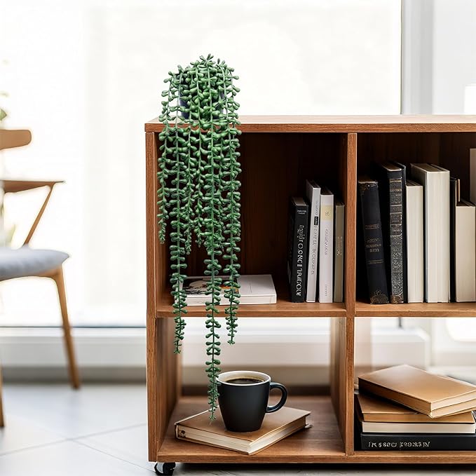 Artificial Hanging Plants for Shelf, 2-Pack Fake Potted Greenery Faux String of Pearls in Black Pot, Décor for Office Living Room Bathroom Indoor Outdoor