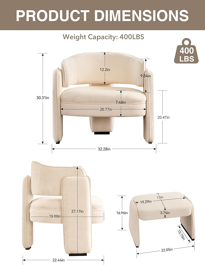 LOULENS Accent Chair with Ottoman, Oversized Barrel Chair, Modern Upholstered Comfy Armchair for Living Room, Bedroom, Reading Room & Corner, Beige
