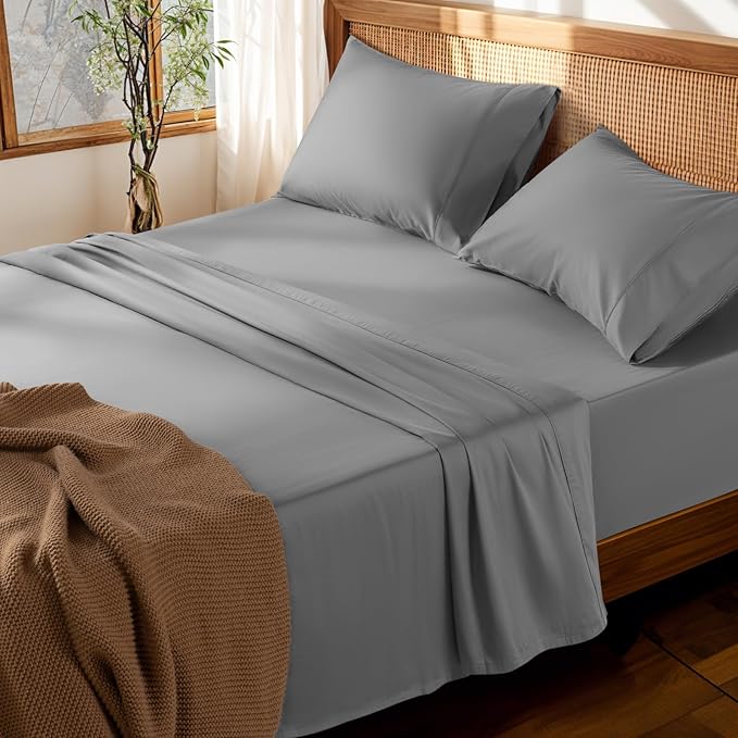 LBRO2M 100% Cotton Sheets Set Deep Pocket 19", 1000 Thread Count Full Size 4 Piece Bed Sheet Sets Soft Comfortable Bedding All Season (Full, Gray)