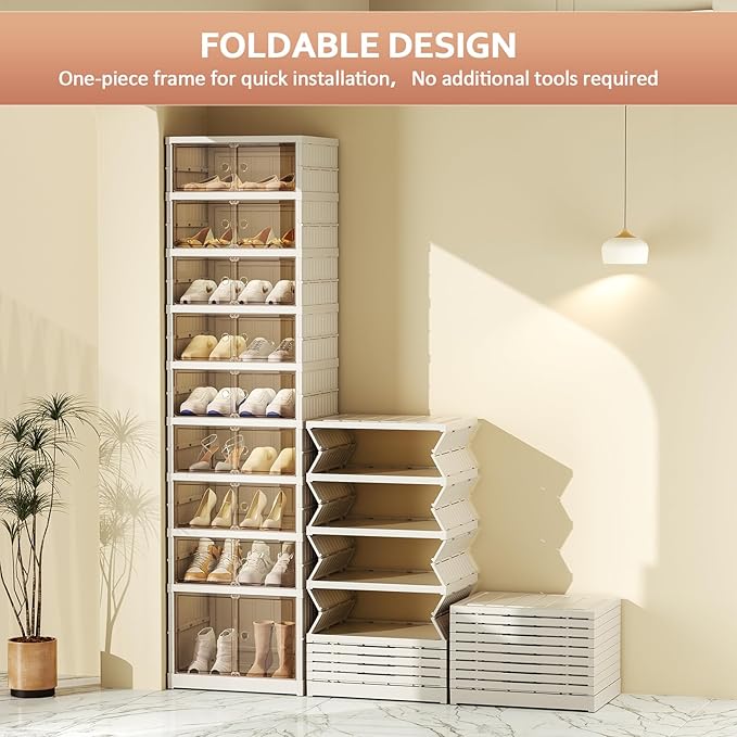Shoe Rack Organizer for Closet Entryway 9 Tiers-18 Pairs Foldable Sneaker Storage Shoe, Collapsible Shoe Cabinet with Doors, Stackable Shoe Storage Cabinet with Lids for Living Room