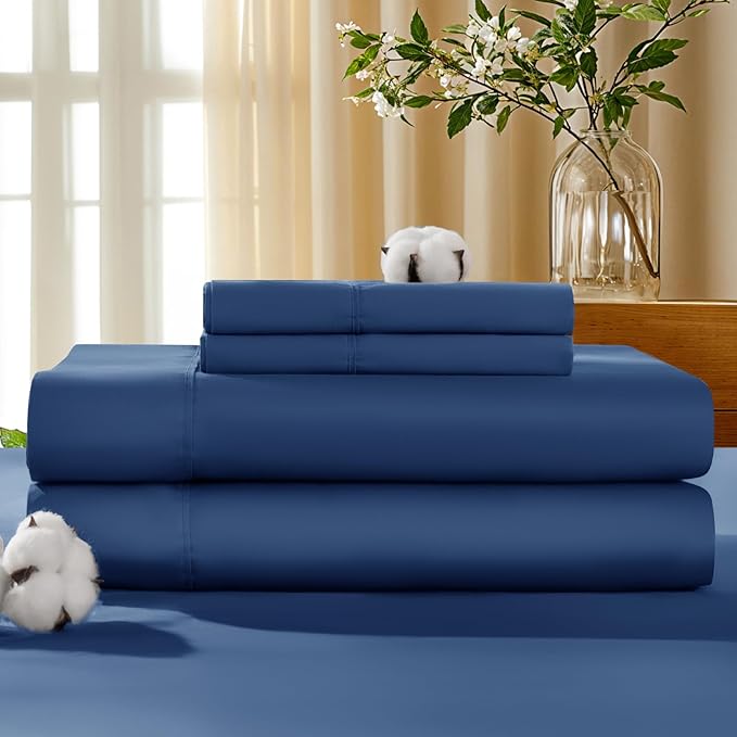 LBRO2M 100% Cotton Sheets Set Deep Pocket 19", 1000 Thread Count King Size 4 Piece Bed Sheet Sets Soft Comfortable Bedding All Season (King, Navy Blue)