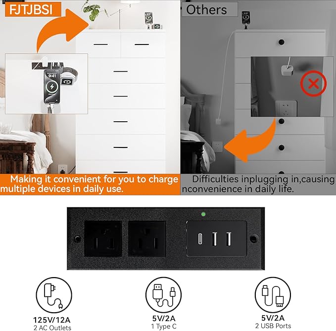 47.3" Tall Dresser for Bedroom Chests of Drawers with Charging Station 7 Drawer Dressers with Metal Slide Rail Modern Wood Closet Organizer with Large Storage for Home Office Entryway