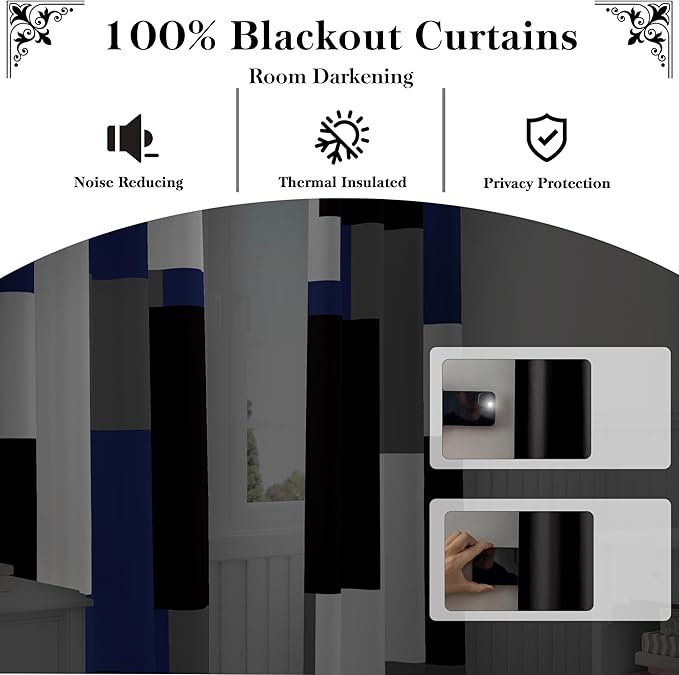 Navy Blue Grey 100% Blackout Curtains for Bedroom 96 inch Long 2 Panels Set Gray Modern Abstract Geometric Black Out Curtains Insulated Room Darkening Window Drapes for Living Room, 52Wx96L