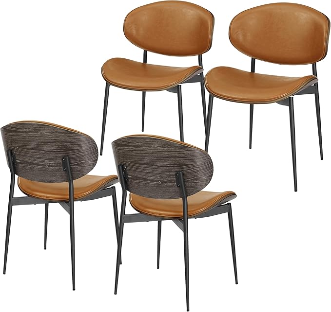 Art Leon Dining Chairs Set of 4, Grey Oak Bentwood, Mid Century Modern Chair, Orange Faux Leather Kitchen Dining Room Chairs with Black Metal Legs, Accent Chairs for Bedroom