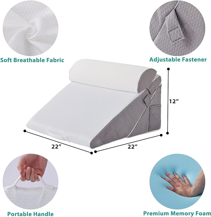 Bedluxe Wedge Pillow Headboard, 3PCS Orthopedic Bed Wedge Pillows Set for After Surgery, Adjustable Pillow Wedge for Acid Reflux&Back Pain Relief, Sleeping, Back Pillow for Bed Sitting Up, White/Grey