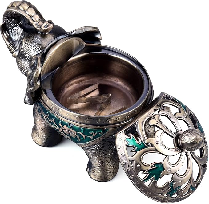 K COOL Metal Backflow Incense Holder Elephant Cone Incense Burner Candle Holder with Lid, Aromatherapy Ornament Home Office Decoration for Indoor Outdoor (Green)