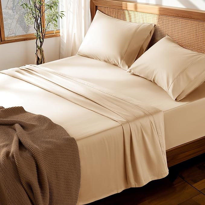 LBRO2M 100% Cotton Sheets Set Deep Pocket 19", 1000 Thread Count Full Size 4 Piece Bed Sheet Sets Soft Comfortable Bedding All Season (Full, Cream)