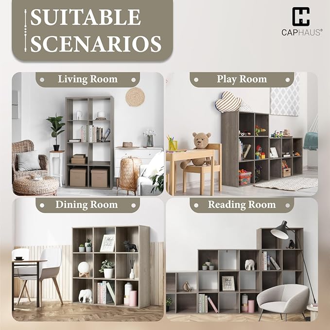 CAPHAUS Sturdy Room 11-Inch Cube Storage Organizer Shelf, with Thick Exterior Edge, Storage Shelf Divider w/Back, Bookcase, 6-Cube, Rustic Grey Oak