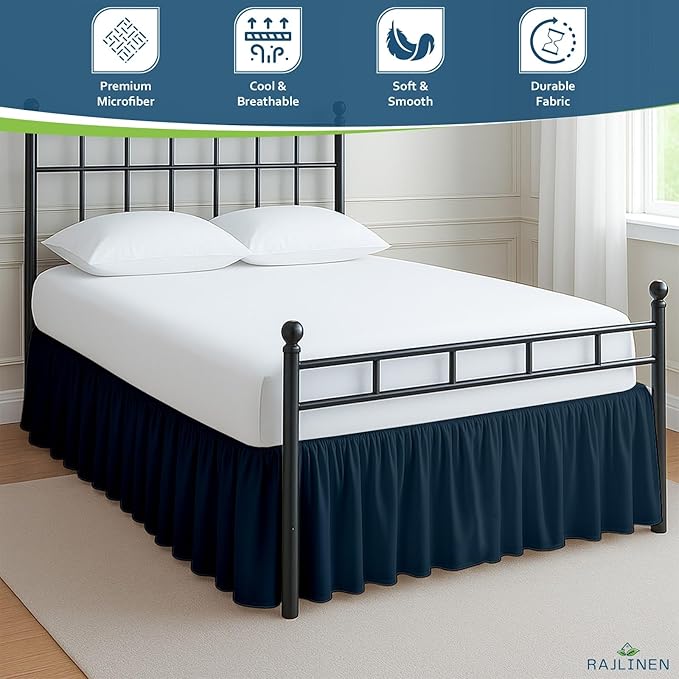 Rajlinen Ruffled Bed Skirt Twin XL, 15 Inch Drop Dust Ruffle with Split Corners, 100% Microfiber Bedskirt with Platform, Three-Sided Coverage Ruffled Gathering Design, Navy Blue