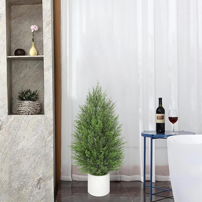 Briful 2PCS 3ft Artificial Cedar Topiary Trees in White Planter – Compact Faux Evergreen Potted Plants with Dense Realistic Layered Leaves, Lifelike Fake Cypress Trees for Home, Office, Patio, Porch
