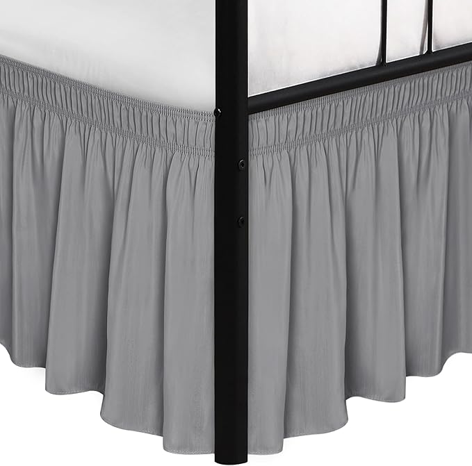 Biscaynebay Wrap Around Bed Skirts with Split Corners for King Beds 15 inch Drop, Silver Grey Adjustable Elastic Dust Ruffles Easy Fit Wrinkle Resistant Silky Luxurious Fabric Machine Washable